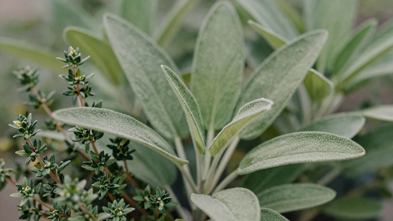 Close botanical study of fresh thyme and sage leaves, soft daylig