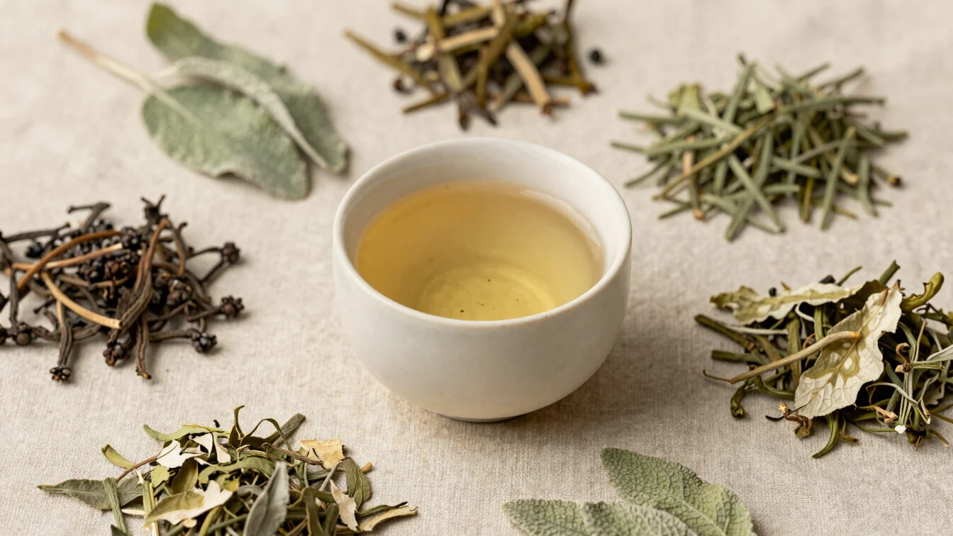 Overhead arrangement of dried herbs and a cream ceramic cup of he