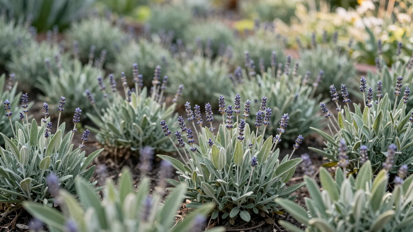 Wider view of a calm herb garden bed with sage and lavender in so