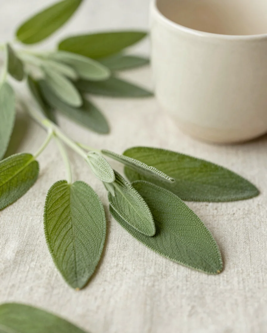 Close botanical study of fresh sage leaves on a linen cloth besid