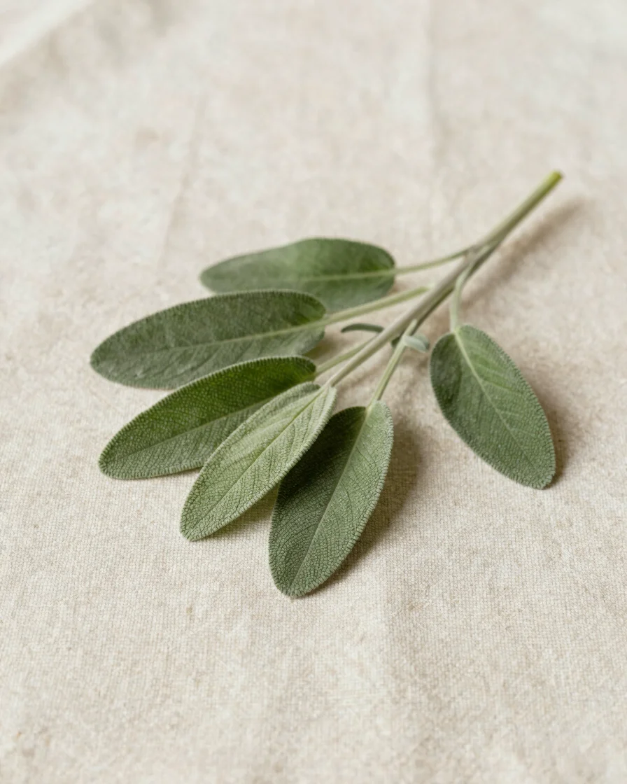 Soft natural daylight on a fresh sage sprig beside a cream linen